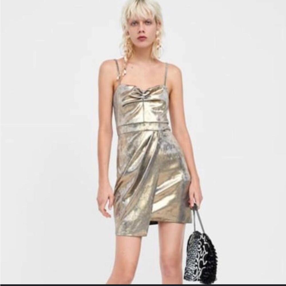 ZARA BASIC Metallic Gold Mini Dress – NWT – Size Medium